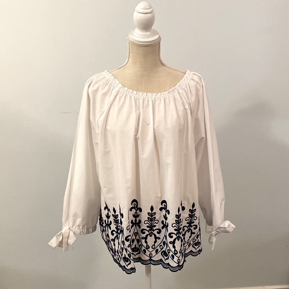 White shirt with blue trim, size 16 to 18 , three-quarter sleeve.